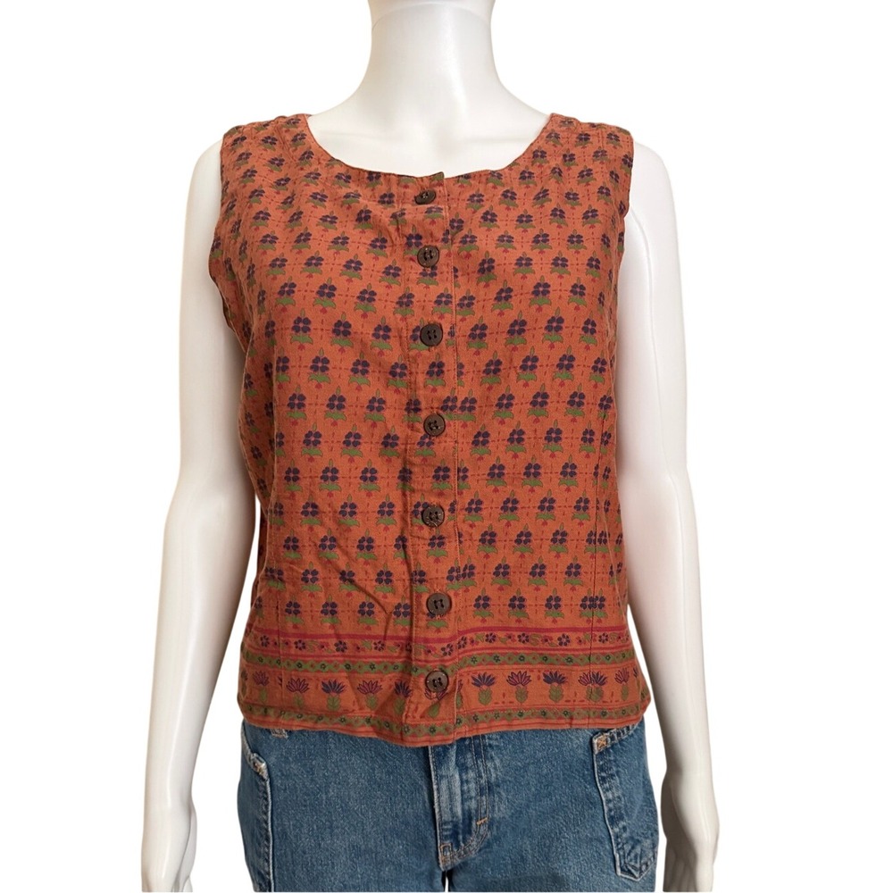 Sun River Sleeveless Rust Floral Button-Front Sleeveless Linen Blend Top X Large